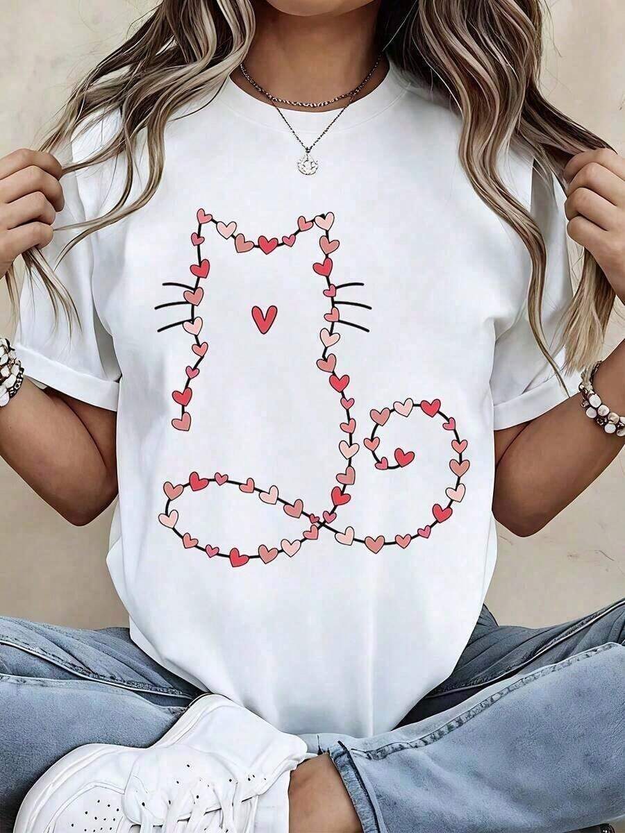 Camiseta Casual de Mujer con Estampado de Corazón, Manga Corta, Cuello Redondo, Corte Holgado, Estilo Vintage para el Día de San Valentín, Unisex, de Algodón, Manga Corta, Cuello Redondo - Blanco - Ver 1