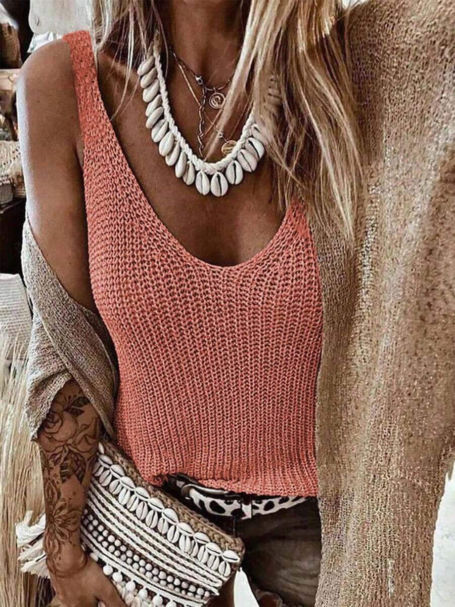 Parte superior de punto sin mangas de diseño hueco de unicolor para mujer, conjunto casual de ropa de punto informal, parte superior de cubierta de estilo bohemio para mujer, atuendo de verano bohemio chic para mujer - Naranja - Ver 1
