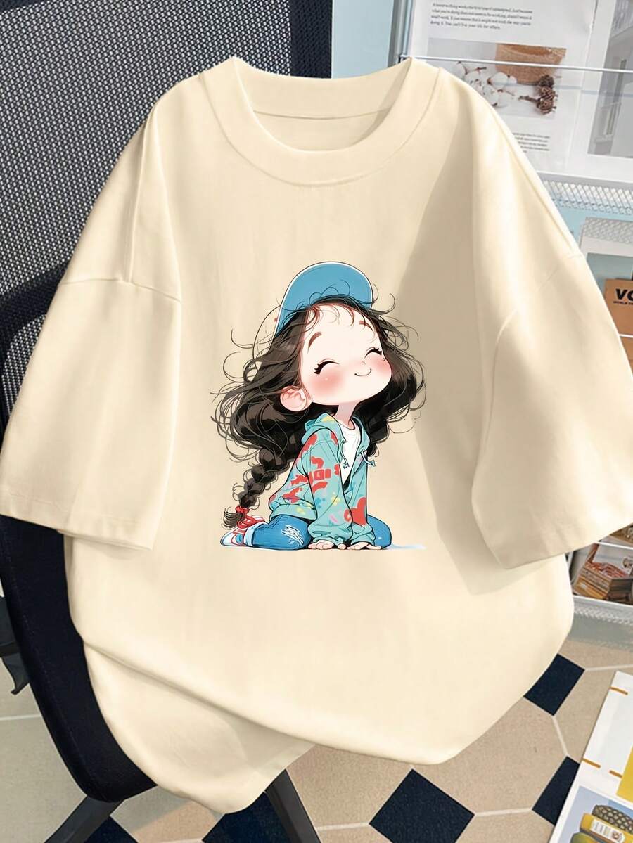 Women's Y2K-Inspired Cartoon Print T-Shirt - Soft, Short Sleeve, Crew Neck, Playful Spring/Summer Top, Casual Summer Top | Playful Design | Comfortable Fit, Women's T-Shirts - 杏 - 查看 1