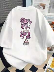 Camiseta de manga corta estampada con diseños frontales y traseros - Acuario, patrón del zodiaco - Camiseta estampada de primavera/verano para mujer, ¡tu mejor elección! Transpirable y cómoda. - Blanco - Ver 1