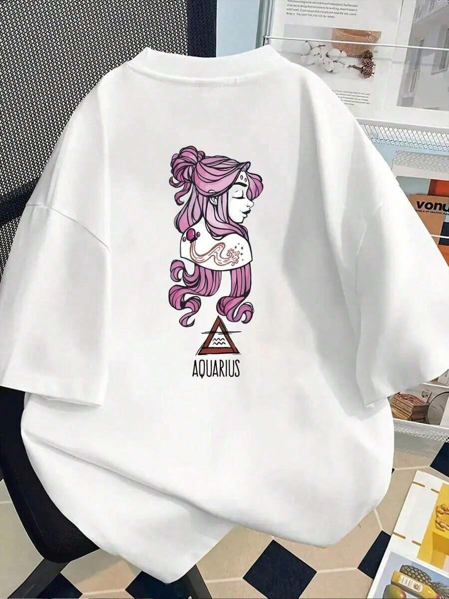 Camiseta de manga corta estampada con diseños frontales y traseros - Acuario, patrón del zodiaco - Camiseta estampada de primavera/verano para mujer, ¡tu mejor elección! Transpirable y cómoda. - Blanco - Ver 1