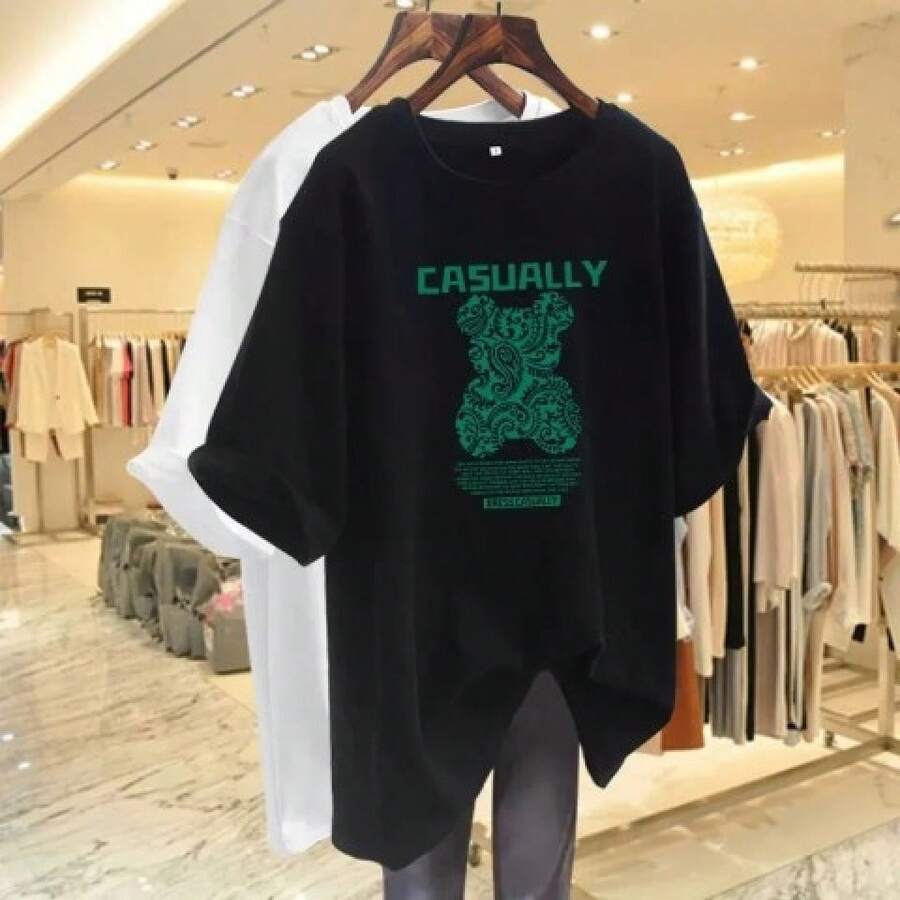 Camiseta con estampado de camisa casual para mujer, manga corta y cuello redondo, moda urbana local de primavera/verano camiseta unisex. II8G - Negro - Ver 1