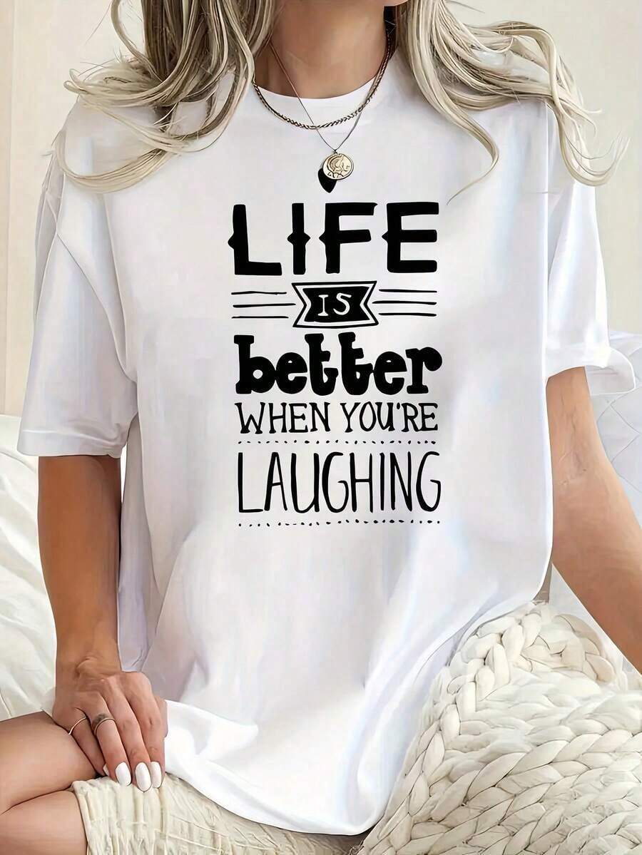 Camiseta de algodón de cuello redondo de manga corta, holgada y de peso pesado, con estampado, un básico imprescindible para la moda femenina de primavera y verano. - Blanco - Ver 1
