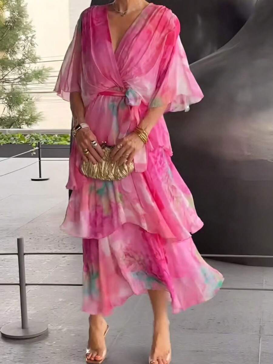 Vestido largo estampado con capas, elegante ajustado estilo moda ideal para vacaciones - Rojo - Ver 1