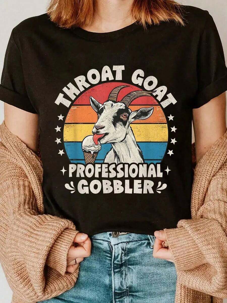 Camiseta 100% Algodón con Estampado de Cabra, Estilo Retro, Humor Adulto Inapropiado, Divertida, con Memes, para Hombre y Mujer, Cuello Redondo, para Vacaciones de Verano - Negro - Ver 1