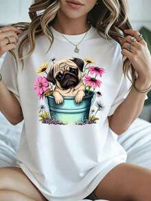 Elegante y casual para mujer, manga corta, camiseta con estampado de perro pug en un cubo y jardín de flores, ropa casual de verano, top blanco para mujer para salidas diarias y temporada de primavera. - Blanco - Ver 8