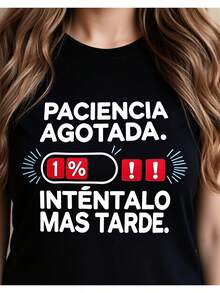 Women's Black Polyester Crew Neck T-Shirt with Humorous Spanish Slogan Print and Short Sleeves for Casual Wear - negro - Ver 2
