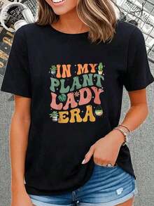 short-sleeveCamiseta de Cuello Redondo para Mujer "In My Plant Lady Era" con Bonito Estampado Botánico, Ropa para Amantes de las Plantas, Ropa Casual de Verano, Top de Moda, 100% Algodón, Blusas Casuales para Mujer100% Cotton - Negro - Ver 1