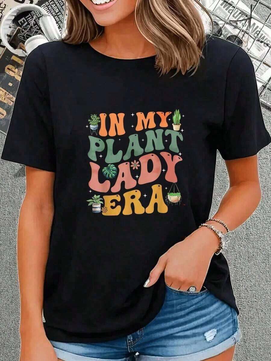 short-sleeveCamiseta de Cuello Redondo para Mujer "In My Plant Lady Era" con Bonito Estampado Botánico, Ropa para Amantes de las Plantas, Ropa Casual de Verano, Top de Moda, 100% Algodón, Blusas Casuales para Mujer100% Cotton - Negro - Ver 1