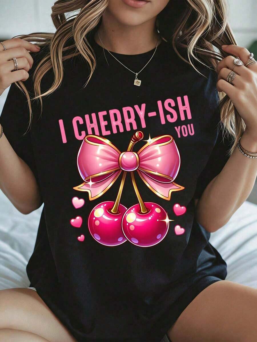 Elegant And Casual Women's Short Sleeve Cute Cherry Print T-Shirt For Valentine's Day, "I Cherry Ish You", Pink Bow And Cherries, White Casual Wear For Women, Spring Summer. - 黑色 - 查看 1