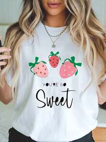 Nuevas llegadas para el verano. Camiseta estampada de manga corta y cuello redondo, top casual de primavera-verano, ropa de mujer, blusa, camisa > Hermosa. - Blanco - Ver 12