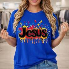 Women's Casual Cotton T-Shirt With Jesus Print, Short Sleeve, Religious Print, Loose Fit, Round Neck, Comfortable Cotton Top For Daily Wear, Colorful Jesus Letter Print, Religious Clothing, Soft Cotton Fabric, Breathable Casual T-Shirt. - 藍色 - 查看 9