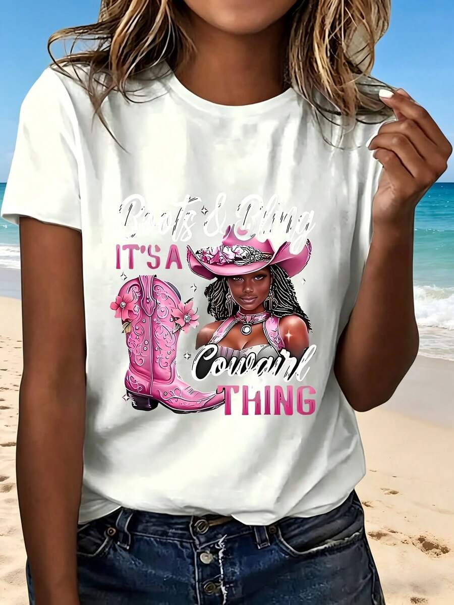 Cowgirl Thing Pink Boots And Hat T Shirt With Fashion Design Cute Cartoon Style Perfect For Beach Party Outdoors Casual Wear Great Gift For Her - Blanco - Ver 1