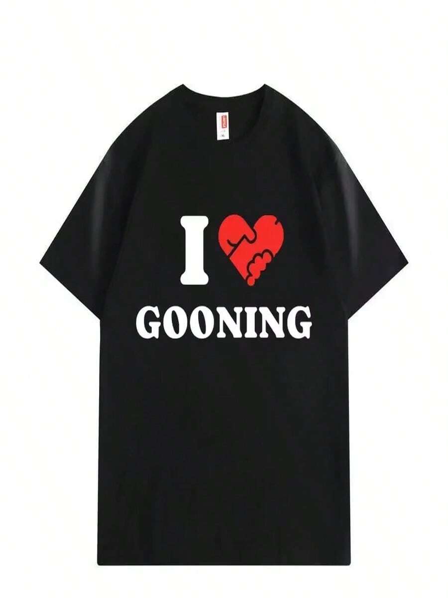 Camiseta "I Love Gooning", confeccionada en algodón puro de alta calidad, una divertida camiseta unisex con dise?os de emojis, pantalones cortos informales de verano, ropa urbana de manga larga. - Negro - Ver 1