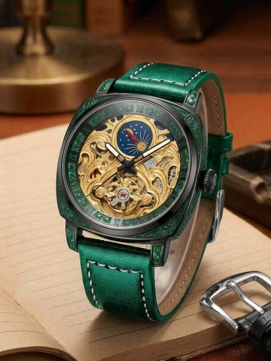 1 chiếc đồng hồ cơ tự động rỗng dành cho nam, kiểu dáng công sở thường ngày, mặt số lớn, sang trọng, mặt số màu xanh lá cây, vỏ vàng, dây da màu xanh lá cây. - Không khuôn - Xem 1
