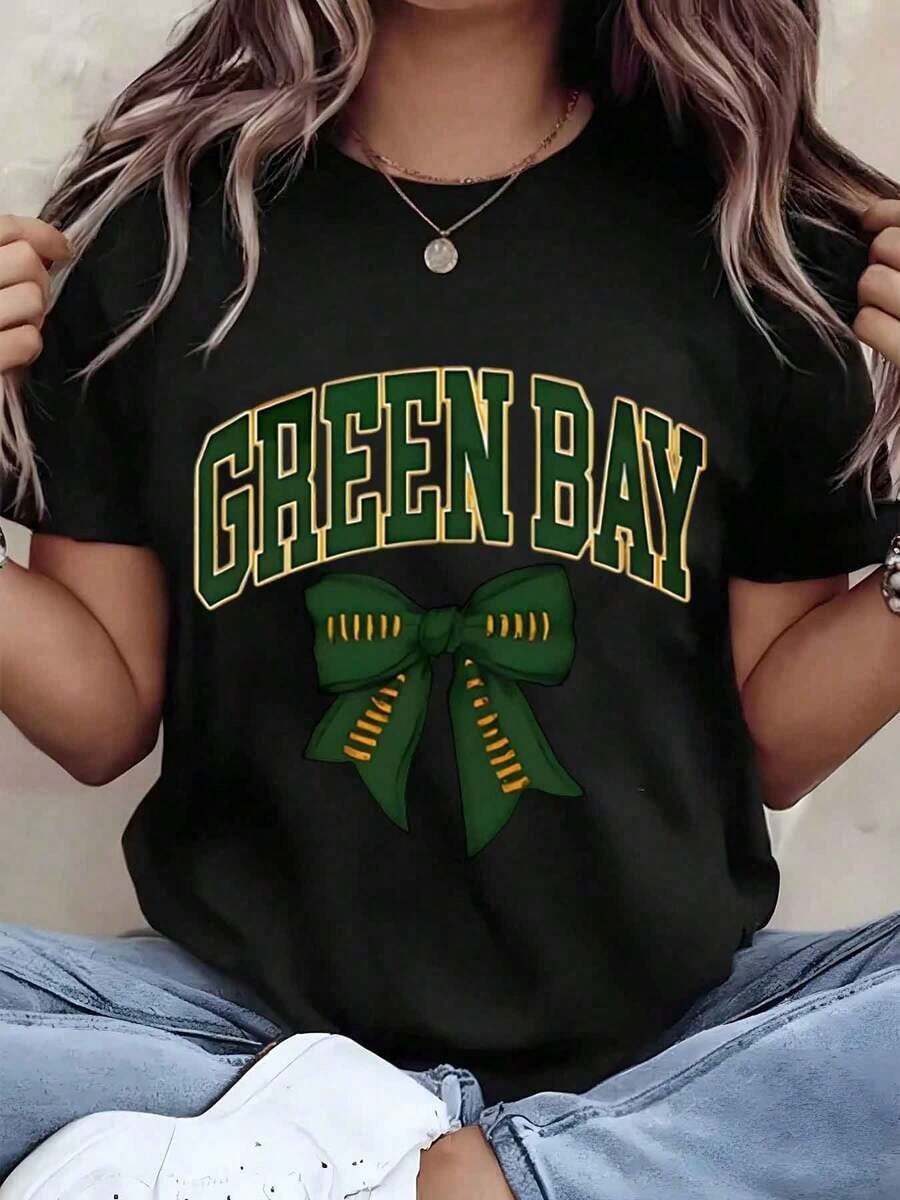 Camiseta de Mujer con Estampado de Lazo, Cuello Redondo, Casual para Uso Diario, Regalo - Negro - Ver 1