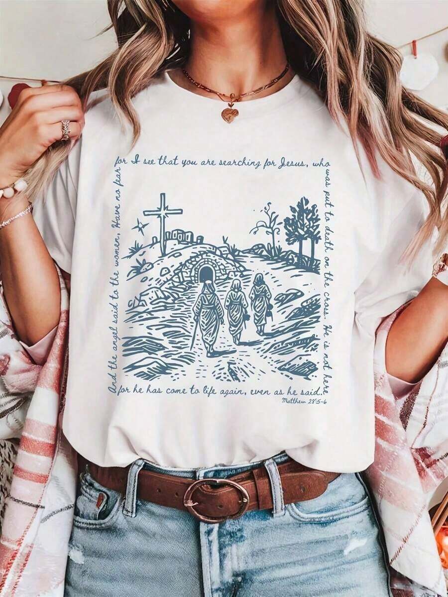 Camiseta De Anga Corta Con Cuello Redondo Para Ujer Talla Grande, Estampado De Escena BíBlica Con Cruz Y Figuras, Top VersáTil Para Diario, Avable A áQuina, Confort Para Todas Las Estaciones, Ajuste FáCil, Ropa De Ujer Con DiseñO Divertido | Para Uso Diario O En La Iglesia | Ideal Para Creyentes Y Regalos | Camiseta Con Estampado De VersíCulos BíBlicos Y DiseñO Conmemorativo De JesúS | EdicióN Limitada Para Festivales Religiosos | Camiseta Con Tema De La ResurreccióN De JesúS En Pascua | DiseñO Conmemorativo De JesúS | - Blanco - Ver 1