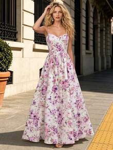 Robe d'été à imprimé floral pour femmes Vuslat, robe nuisette en satin élégante et polyvalente, convenant pour les invités de mariage, demoiselles d'honneur, thé de l'après-midi, soirée élégante, robe d'anniversaire, robe rose, cérémonie de remise des diplômes, tenue de vacances - Multicolore - Voir 3