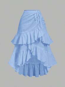 MOD Women's Cream Apricot Summer Skirt With Asymmetrical Hem, Drawstring, Ruffles And Layers, Party Skirt, Bohemian Skirt, Lunch Skirt - 軍綠色 - 查看 4