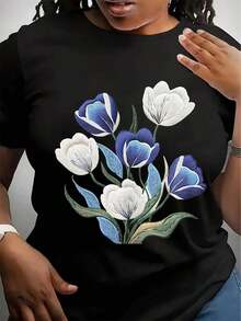 Camiseta Casual para Mujer - Con Estampado Floral de Tulipanes Blancos, Cuello Redondo, Corte Regular, Lavable a Máquina, Top de Primavera Verano - Negro - Ver 1