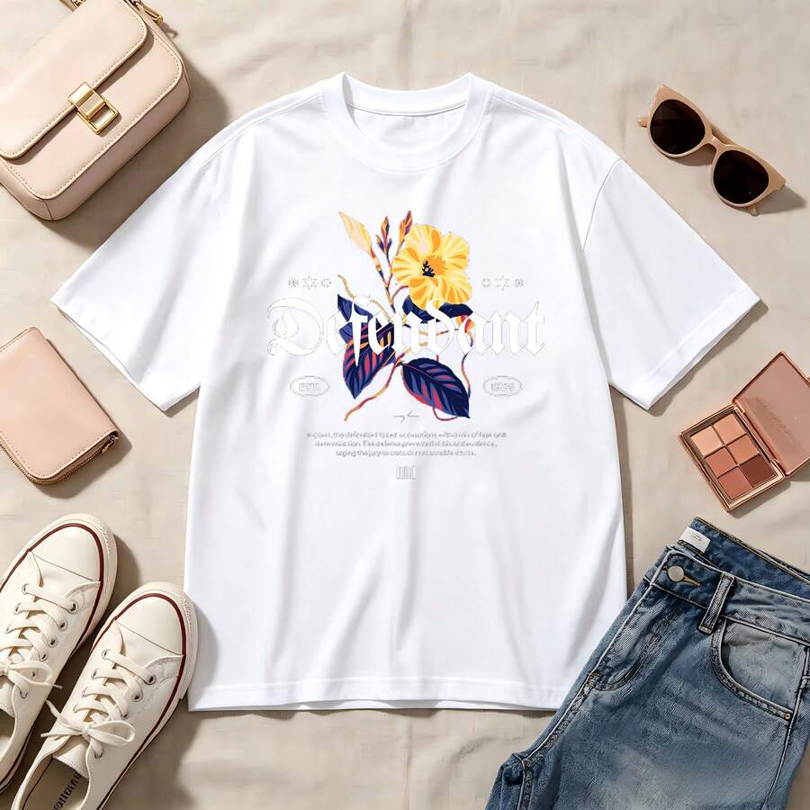 Retro Floral Design, 100% Cotton, Oversized Soft Breathable, Casual Crewneck Short Sleeve Top, Summer Vibes, Aesthetic Streetwear, Romantic Spring Vibes - Blanco - Ver 1