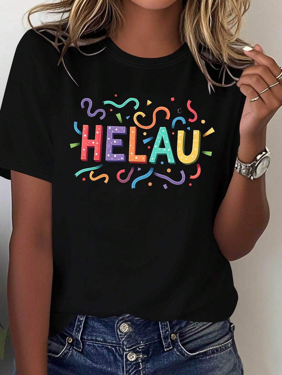 Camiseta de mujer con temática HELAU para el Carnaval Alemán - Decoración con franjas de colores y eslogan, manga corta casual, top festivo colorido y vibrante para fiestas. - Negro - Ver 1