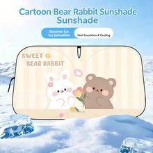 1pc (Multiple Patterns Available) Cartoon Tulip, Bear, Rabbit Car Sun Shade, Icy Feeling, Heat Insulation, Sun Protection, 4-Season Sunshade, Foldable Double-Ring Sunshade, Comes With Storage Bag, Front Windshield Sunshade - A - View 14