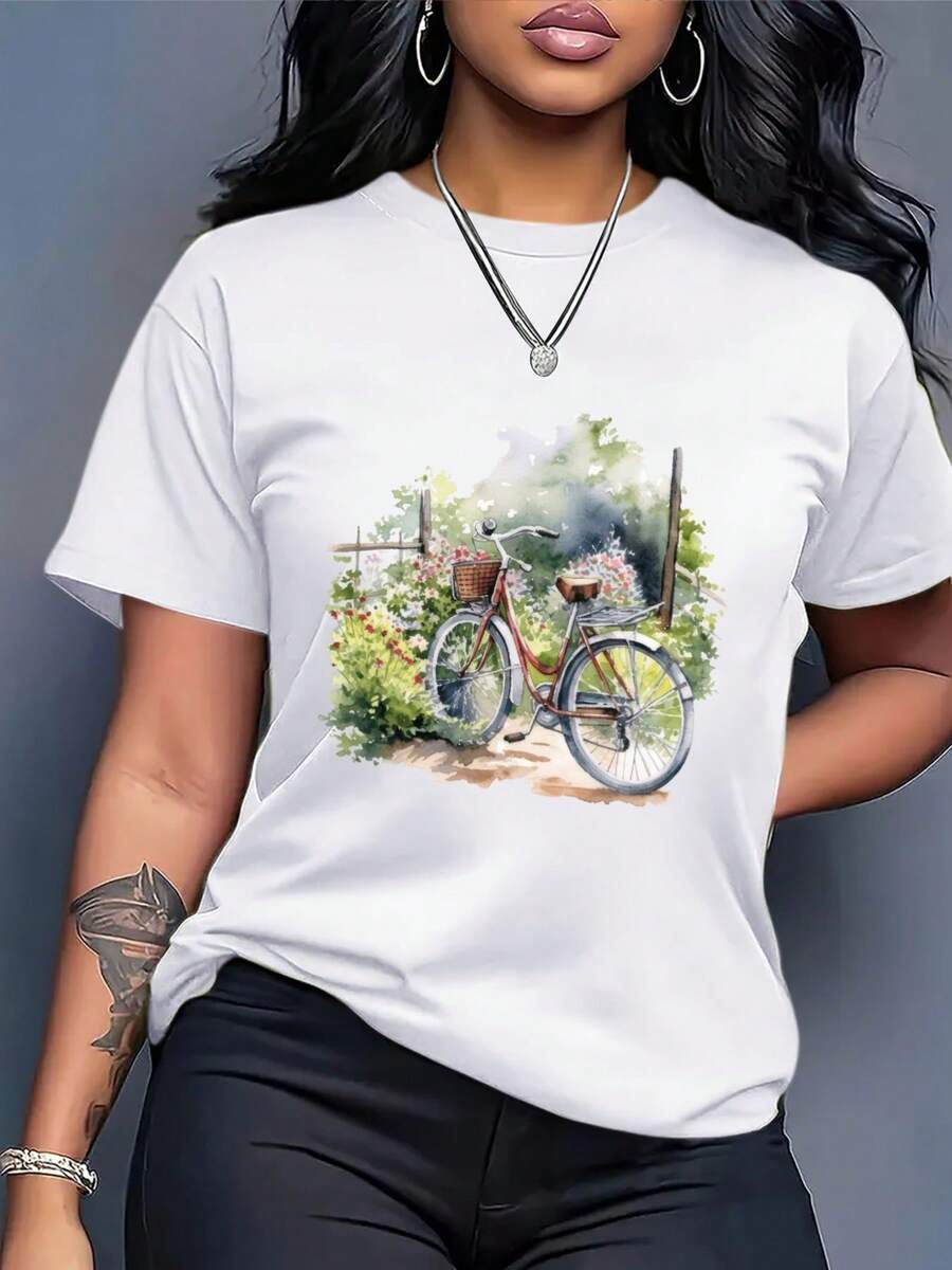 Camiseta de manga corta con estampado de bicicleta en acuarela para mujer, cuello redondo, informal, color negro. - Blanco - Ver 1