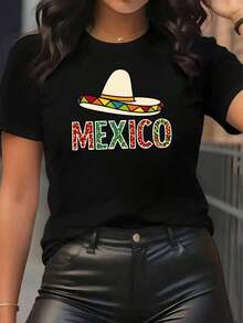 Camisetas Gráficas para Mujer con Temática Mexicana - Estampado de la bandera mexicana y un mariachi, con un sombrero de ala ancha y un diseño de chile - Camiseta suave, elástica, de cuello redondo y manga corta - Frase en español "MÉXICO" - Adecuada para fiestas, bodas y uso diario, tanto casual como formal - 100% algodón - Negro - Ver 7
