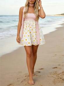 Vestido Mini para Mujer con Estampado Floral y Cuello de Bufanda, Sin Mangas A-Line, Fluido para Vacaciones y Citas de Verano - Blanco - Ver 1