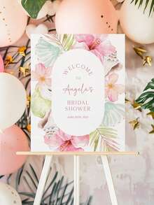 Customized Party Welcome Sign - A Tropical-Themed Welcome Sign With Editable Text Suitable For Beach Parties, Decorated With Hibiscus Flowers And Pink Floral Accents. This Personalized Welcome Sign Can Be Fully Customized With Your Event Details, Making It An Ideal Entrance Marker For Any Occasion - Whether It's A Birthday Celebration, Retirement Party, Wedding Ceremony, Or Other Festive Gathering. - Multicolor 06 - View 2