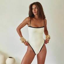 2026 New Women's Swimwear Model, Simple Black And White Color-Blocking,  One-Piece Swimsuit - White - View 2