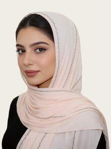 1pc Women's Versatile Fashion Elegant Muslim Hijab Headscarf, Middle Eastern Style Rhinestone Patchwork Long Scarf - Long Scarf With Hot-fix Rhinestones In Multiple Colors - View 6