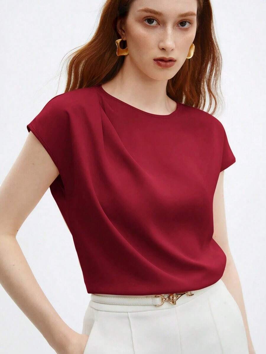 Blusa nueva de primavera/verano con diseño de hombros plisados de cuello redondo en azul, camisa elegante y única para salidas, oficina, ocasiones formales, moda básica profesional casual de alta gama, invitada de boda, fiesta, estilo del milenio, - Burdeos - Ver 1