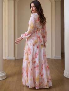 Women's New Elegant Romantic Floral Print Long Sleeve Patchwork Design Dress, Slimming, All-Season, Full-Body Watercolor Print, Conservative, Elegant, Formal, Suitable For Evening Party, Beach, Wedding Vacation - Multicolor - View 4