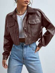 Chaqueta corta de PU con bolsillo con solapa y hombros caídos para mujer, ideal para primavera, otoño e invierno - Café integral - Ver 6