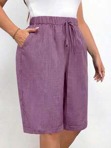 Pantalones cortos holgados de lino de talla grande para mujer, de unicolor, con bolsillo y lazo en la cintura, pantalones cortos anchos y de pierna ancha, pantalones cortos modestos para vacaciones y verano, color negro - Rosa vieja - Ver 3