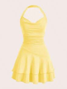 Vestido Rojo De Punto Sin Mangas Con Cuello Halter Y Doble Capa, Ajustado Para Mujer - Amarillo - Ver 5