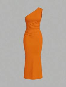 Vestido maxi de cola de pez con hombro asimétrico arrugado de unicolor sin mangas - Naranja - Ver 1
