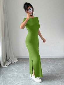 Vestido largo de mujer de manga corta con cuello en V y bajo dividido, de unicolor, vestido maxi elegante de color burdeos, vestido largo ajustado, vestido largo rojo, vestido maxi de manga corta para mujer, vestidos de mujer, vestido largo ajust - Verde - Ver 4