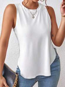 1 pieza Camiseta casual de mujer de cuello redondo y bajo con abertura lateral de un solo color - Blanco 2 - Ver 6