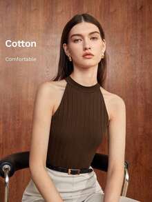 Camiseta de tirantes ajustada de cuello redondo básica para mujer, adecuada para el transporte urbano, la oficina, el estilo casual de negocios, las fiestas y otras ocasiones - Marrón - Ver 8