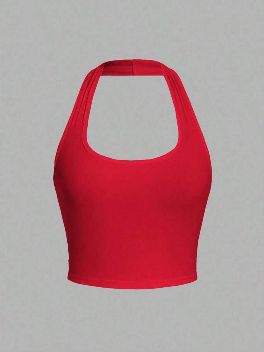 Camiseta de tirantes de ajuste ceñido con cuello halter, color liso y corta, de estilo minimalista y casual para mujer, de verano - Rojo - Ver 1
