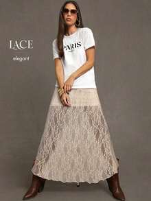 2026 Women Sexy Black Wildflower Lace Patchwork Lightweight And Breathable Long Summer Skirt Winter Casual Spring - Beis - Ver 6