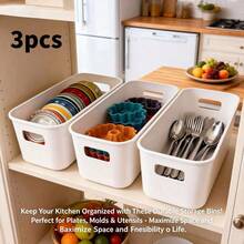 3pcs Stackable Plastic Drawer Storage Boxes, Open Organizer Bins For Kitchen, Bathroom, Cosmetics And Office, Long Compartment Trays For Closet And Desk, Space-Saving Home Storage Tools,Bedroom Room Decor,Back To School - White - View 3