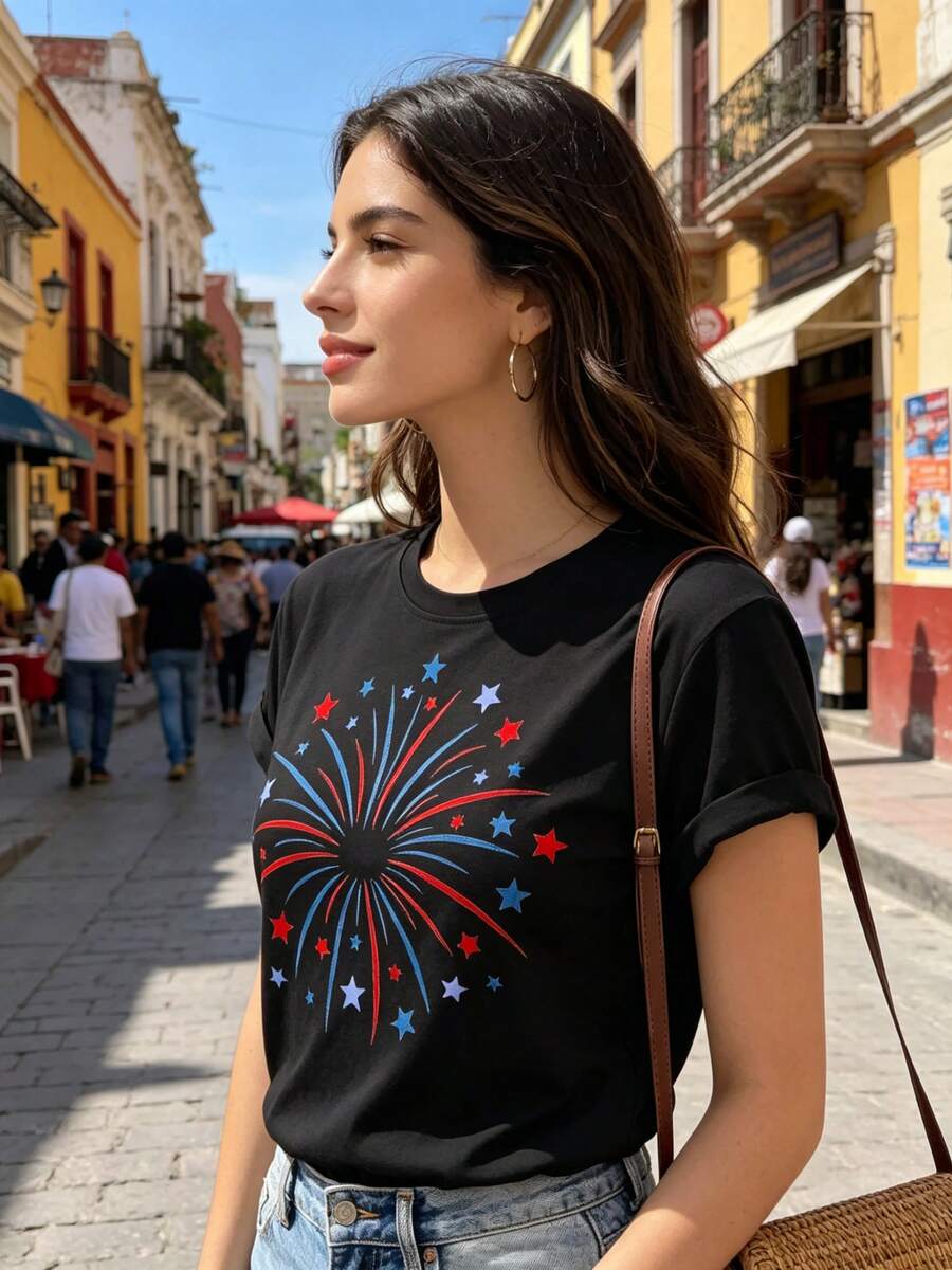 Limited Time Offer, Limited Quantities, Flash ! Women's Casual Shirts, Women's Polyester T-Shirts, Elegant Shirts. Women's T-Shirt With Fireworks Print, Round Neck, Casual Short Sleeves, Lightweight And Stretchy Fabric, Suitable For All Seasons. - 黑色 - 查看 1
