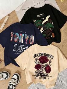 Single Item For Women, Not A 3-Piece Set. One Piece/Set Of Short-Sleeved T-Shirts Suitable For Streetwear. Oversized Crew Neck T-Shirts For Everyday Wear, Camping, Concerts, And Hip-Hop, Rock, And Rap Events. Japanese-Style Graphic T-Shirts With A Loose Fit, Short Sleeves, Crew Neck, Soft And Breathable Fabric, Printed With "Tokyo," "Japan," A Crane And Pine Tree, And "Dark Rose" Patterns. Casual Retro T-Shirts Suitable For Summer Vacations, Everyday Wear, Weekend Get-Togethers, Music Festivals, And Outings With Friends. - 白色 - 查看 7