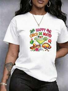 Camiseta de manga corta para Mujer, Elegante top estampado de leopardo y Flores que incluye coctel, sombrero mexicano, taco, maracas, cactus, lazos, banderines y estrellas, en Tallas Grandes Cuello Redondo Ropa, cuello redondo casual de manga, en Estilo Y2K casual para verano y primavera ropa de mujer, verano ropa, primavera verano ropa casual, Transpirable Lavable, cómoda y Transpirable, de Alta Calidad Ajuste Cómodo - Blanco - Ver 1
