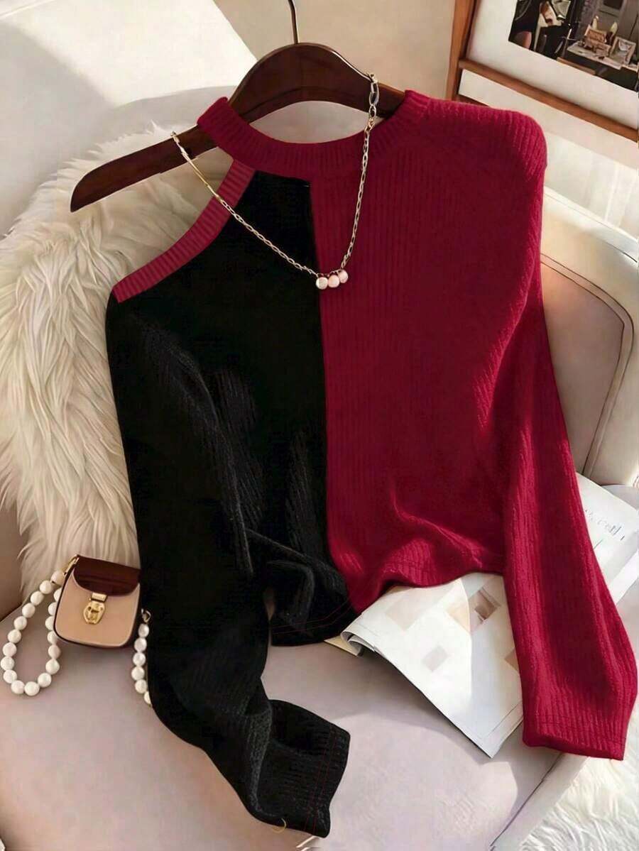 Camiseta de manga larga con hombro asimétrico y bloque de color para mujer, top de punto acanalado, primavera/otoño - Rojo y negro - Ver 1