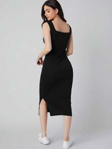 Vestido con abertura lateral de cuello cuadrado - Negro - Ver 2